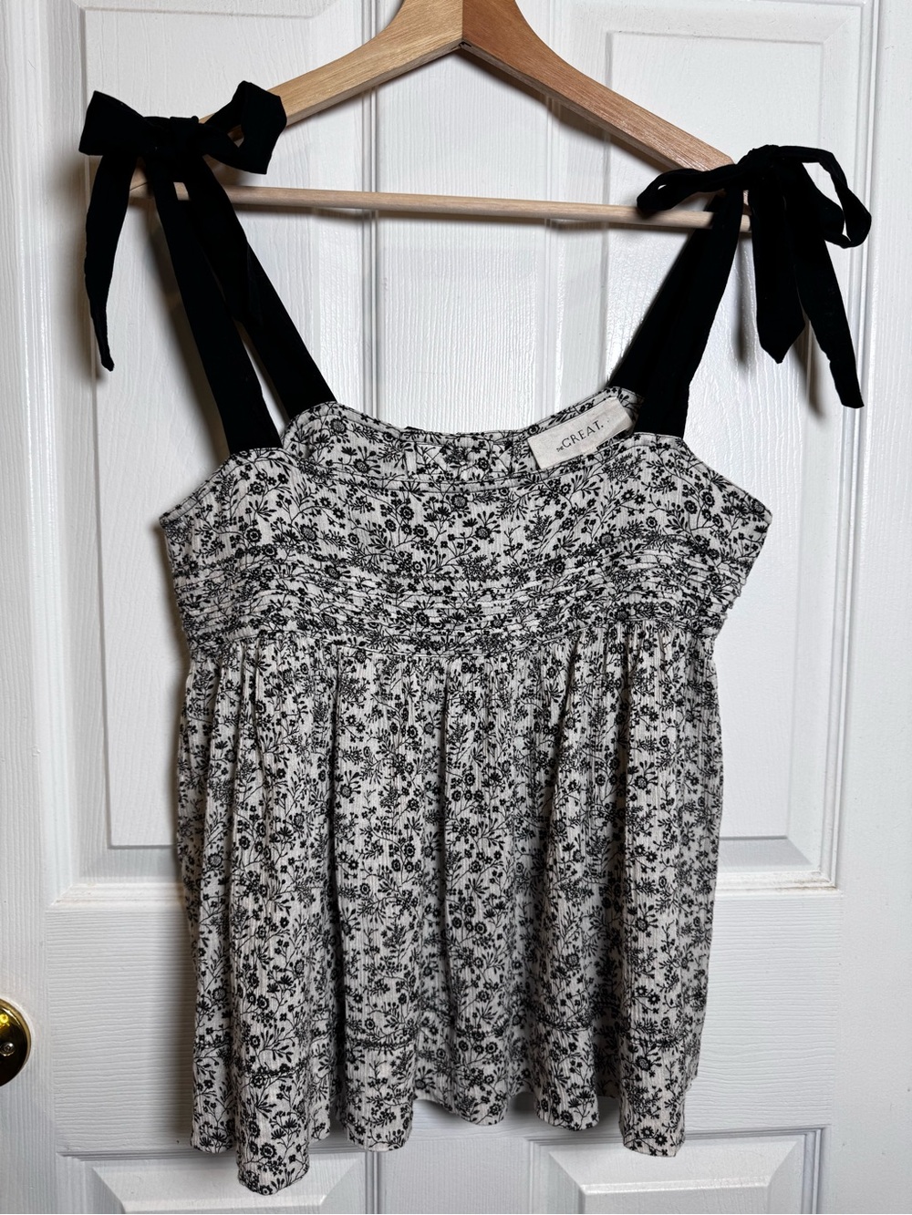 THE GREAT. Floral Tie Shoulder Cotton Smocked Peplum Tank Top Size 1 Small - Picture 2 of 11